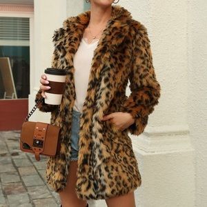 Leopard print faux fur coat